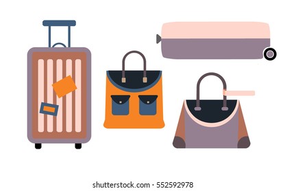 Different types of baggage. Suitcase, hand luggage, handbag. Vector illustration isolated on white. Set many types travel bags.