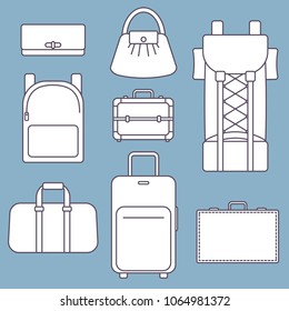 Different types of bags, white flat vector illustration with outline, collection on blue background