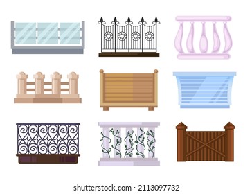 Different types of balcony railing vector illustrations set. Vintage and modern glass or iron handrails or fences for stairs or terrace with balusters and banisters. Architecture, decoration concept