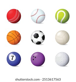 Diferentes tipos de bolas Juego de Vector aislado - BasketBall, Fútbol, Pelota de tenis, Pelota de snooker, Voleibol, Fútbol, CricketBall, HardBall, Base Ball y HandBall Ilustraciones