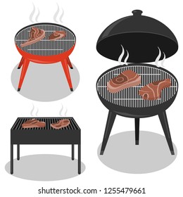 Different types barbecue grills. Barbecue grill isolated on white background. BBQ party, traditional cooking food.