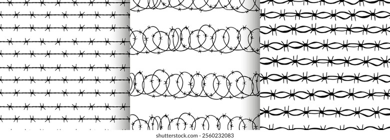 different types of barbed wire, fencing , fence seamless pattern set. breaking barriers, liberation, victory, barbed wire ornament print