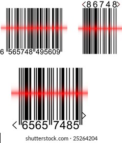 Different types of barcodes reading by scanner on white background. Three different types of barcodes with red line symbolizing laser scaning.