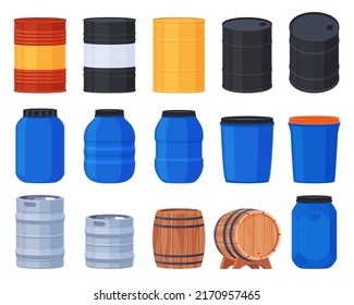 Different types of barrels. Storage of liquid types of substances. Barrels for alcohol, water and chemical toxic substances. Vector illustration