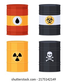 Different types of barrels. Storage of liquid types of substances. Barrels for chemical toxic substances. Vector illustration