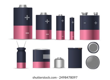 Different Types Of Batteries And Accumulators Including Aa, Aaa, D And Button Cells. Various Shapes And Sizes