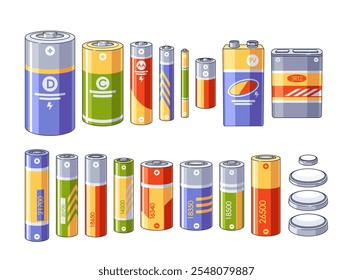 Diferentes tipos de baterías y acumuladores con diversas capacidades de voltaje, tamaños, Formas de gran conjunto