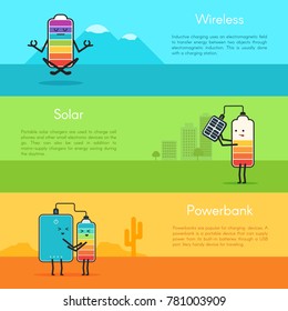 Different types of batteries charge funny infographics vector illustration. Minimalistic set of landscapes in flat style