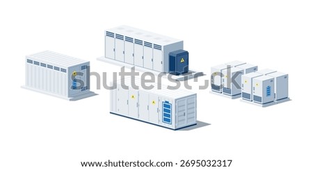 Different types of battery energy storage power containers for renewable energy. Industry utility scale system for electricity distribution transmission grid. Isolated vector illustration on white. 