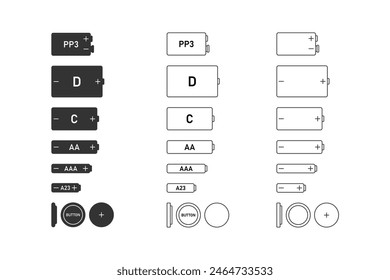 Conjunto de iconos de batería de diferentes tipos. Tipos de tamaños de baterías C, AA, AAA, AAAA, energía, energía. Ilustración vectorial plana aislada sobre fondo blanco.