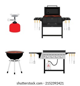 Different types BBQ barbecue grills vector set. Charcoal, gas, smoker grill  vector illustration. BBQ party, traditional cooking food, restaurant menu icons