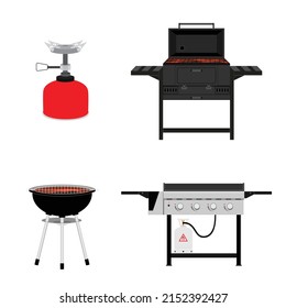 Different Types BBQ Barbecue Grills Vector Set. Charcoal, Gas, Smoker Grill  Vector Illustration. BBQ Party, Traditional Cooking Food, Restaurant Menu Icons