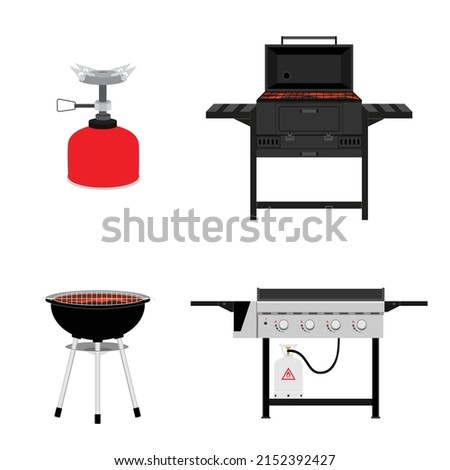 Different types BBQ barbecue grills vector set. Charcoal, gas, smoker grill  vector illustration. BBQ party, traditional cooking food, restaurant menu icons