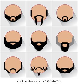 different types of beards and mustaches on a man, vector retro moder an vintage man