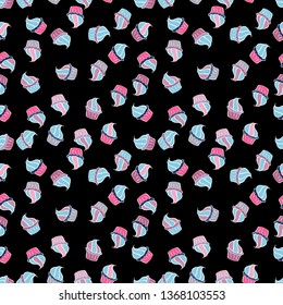 Of different types of beautiful modern cakes, such as chocolate cake. Vector illustration. Cakes seamless pattern collection. On black, blue and white.