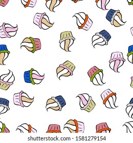 Of different types of beautiful modern cakes, such as chocolate cake. Cakes seamless pattern collection. On black, neutral and white. Vector illustration.