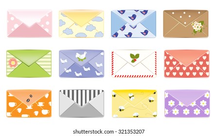 Different types of beautiful vintage envelopes with images of birds flowers bees points clouds fruit cups with coffee and hearts