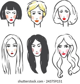 Different types of beautiful woman faces. Cartoon style, vector illustration