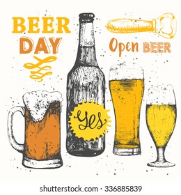 Different types of beer and cider. Pub menu. Bottle and glass in sketch style. Vector illustration of with alcoholic beverages. Oktoberfest set. 