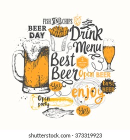 Different types of beer, cider and snack in sketch style. Round composition for pub menu. Happy St. Patrick's Day.