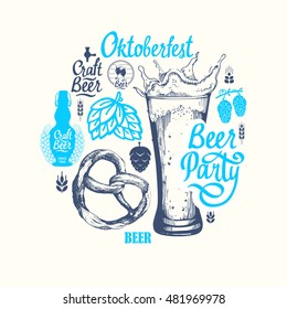 Different types of beer, cider and snack in sketch style. Round composition for pub menu on blue background. Vector illustration for oktoberfest.