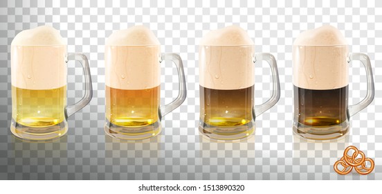 different types of beer in glass beer mugs on a transparent background