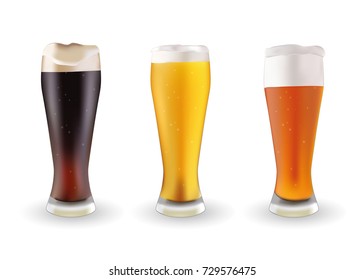 Different types of beer in glasses, isolated on white