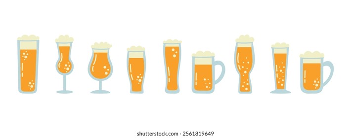 Different types of beer glasses and mugs. Beer in glasses of different shapes on a white background. Vector Design elements for a brewery, beer festival, bar, pub.