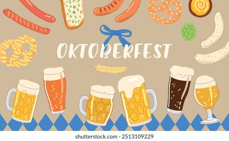 Different types of beer glasses, pretzel, sausages and other traditional festival food. Banner composition template. Hand drawn trendy flat vector illustration concept for Oktoberfest beer festival