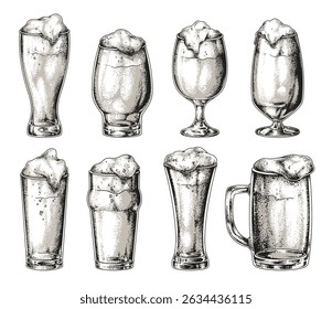 Different types of beer glasses showcased each filled with frothy beer. The focus is on their unique shapes and frothy tops suggesting a lively bar atmosphere.
