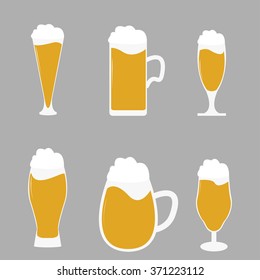 Different types of beer glasses with beer spilling - vector