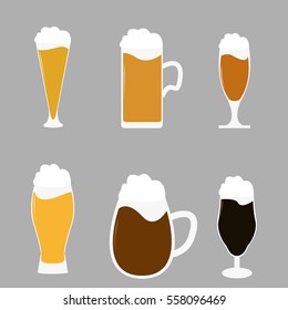 Different types of beer glasses with beer spilling - vector