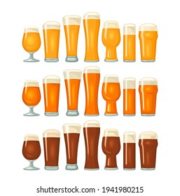 Different types beer glasses with three variety beer - lager, ale, stout. Vintage color vector flat illustration. Isolated on white background.