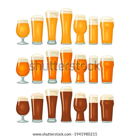Different types beer glasses with three variety beer - lager, ale, stout. Vintage color vector flat illustration. Isolated on white background.