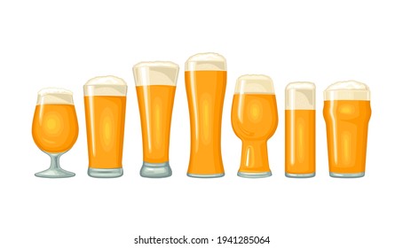 Different types beer glasses. Vector color flat icon. Isolated on white background.