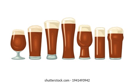 Different types beer glasses. Vector color flat icon. Isolated on white background.