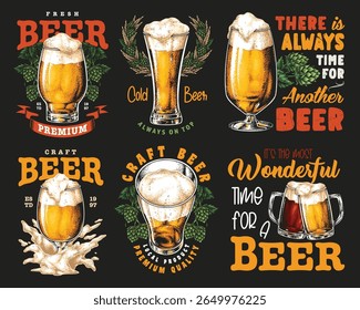 Diferentes tipos de cerveja são ilustrados mostrando canecas espumosas e copos. Cada representação celebra a alegria de bebidas refrescantes. Perfeito para os amantes de cerveja e entusiastas.