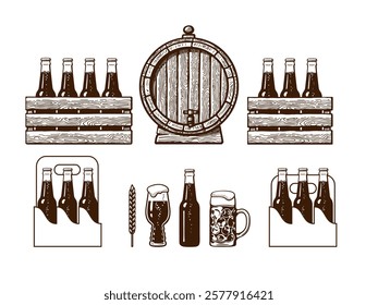 Different types of beer packaging. Pack of glass bottled beer in wooden box and cardboard carrier and old wooden barrel. Hand drawn monochrome vector illustration isolated on white background.