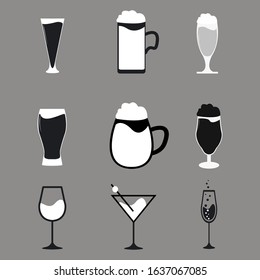 Different types of beer wine and cocktail glasses Set of 9 drink icon variations