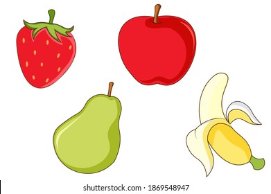 
Verschiedene Arten von Beeren und Früchten. Apfel. Banana. Erdbeere. Birne.