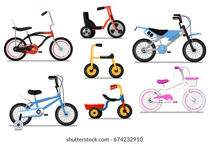 Different types bicycle for kids set. Tricycle and classic bikes for boy and girl, children toy isolated vector illustration in flat design. Outdoor people transportation and travel activity.