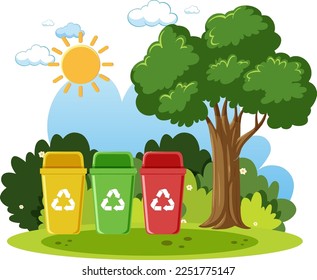Different types of bins at park illustration