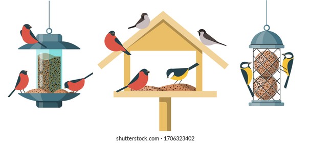 Different types of bird feeders - Hopper Or “House” Feeder, Nyjer Feeder and Suet Feeder. Illustrations in a flat cartoon style isolated on white background.