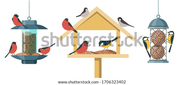Different types of bird feeders -\
Hopper Or “House” Feeder, Nyjer Feeder and Suet Feeder.\
Illustrations in a flat cartoon style isolated on white\
background.
