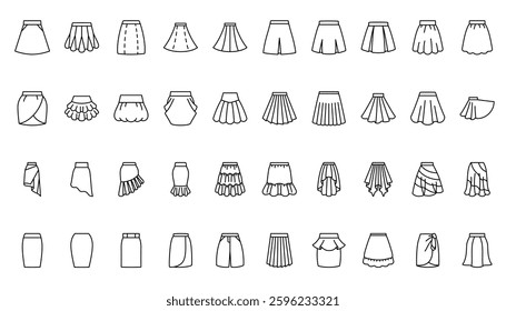 Different types of black line icon skirts, editable vector lines