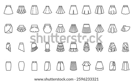 Different types of black line icon skirts, editable vector lines