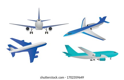 Different types of blue passanger airpcrafts over white background