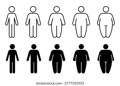 Different types body people line icon set. Size body person thin to fat, underweight, normal, overweight, obese, extremely obese, diet, healthy lifestyle, overeating, level obesity, body mass index.