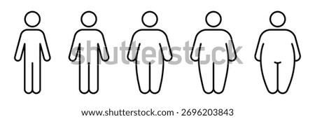 Different types body people line icon set. Size body person thin to fat, underweight, normal, overweight, obese, extremely obese, diet, healthy lifestyle, overeating, level obesity, body mass index.