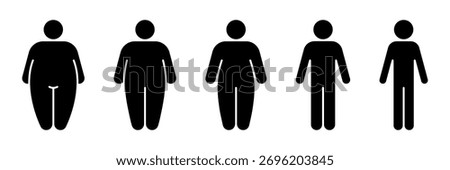 Different types body people line icon set. Size body person thin to fat, underweight, normal, overweight, obese, extremely obese, diet, healthy lifestyle, overeating, level obesity, body mass index.